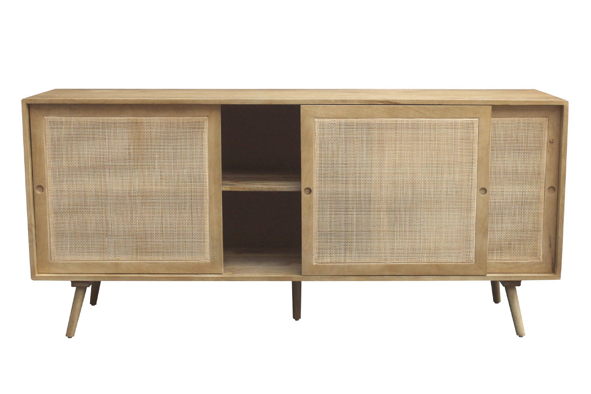 Aparador de madera maciza de mango y caa de ratn con 3 puertas correderas 180 cm ACANGE