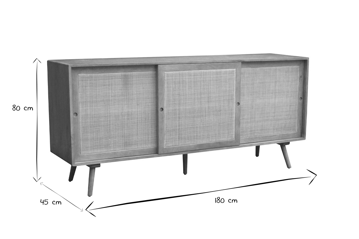 Aparador de madera maciza de mango y caa de ratn con 3 puertas correderas 180 cm ACANGE