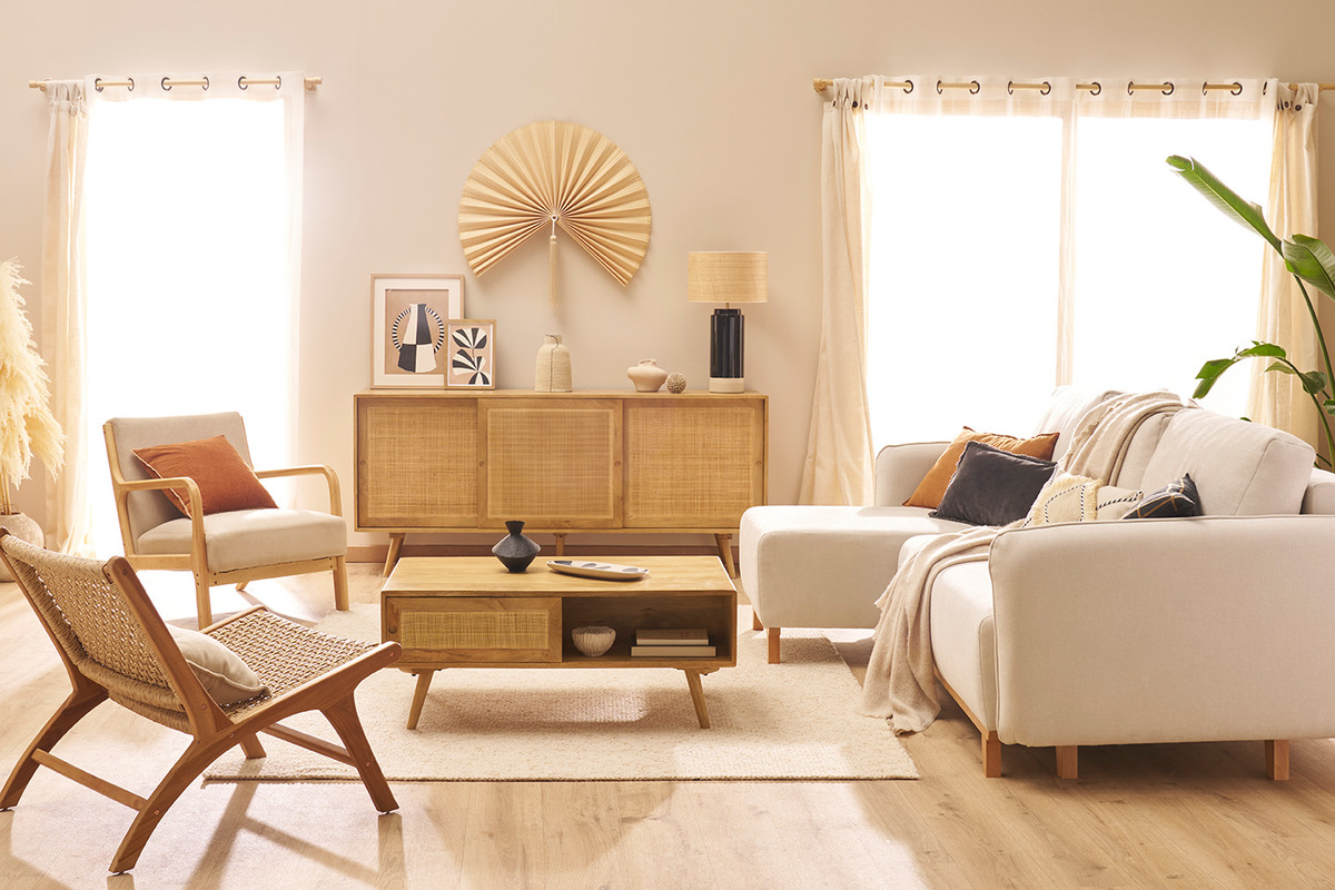 Aparador de madera maciza de mango y caa de ratn con 3 puertas correderas 180 cm ACANGE