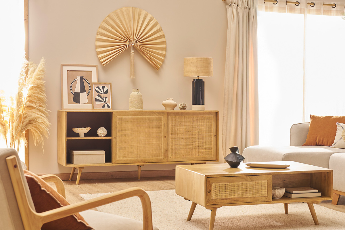 Aparador de madera maciza de mango y caa de ratn con 3 puertas correderas 180 cm ACANGE