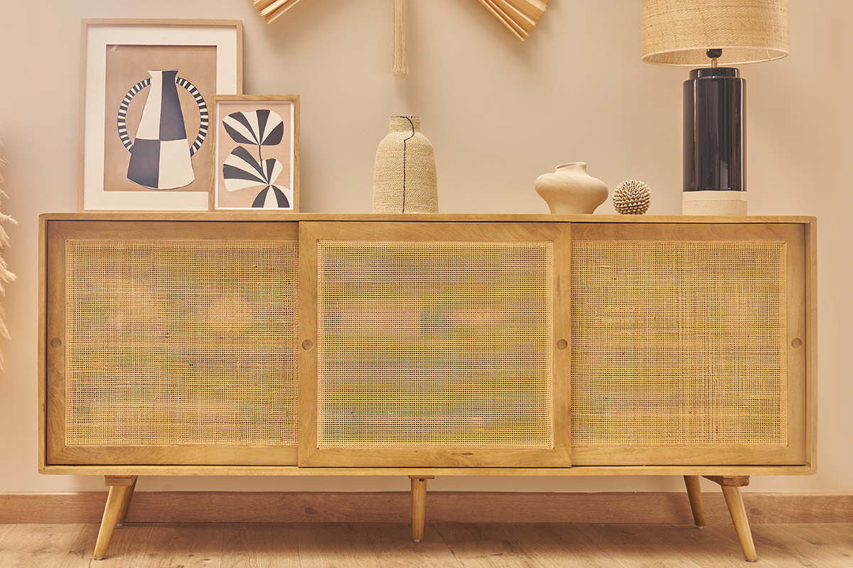 Aparador de madera maciza de mango y caa de ratn con 3 puertas correderas 180 cm ACANGE