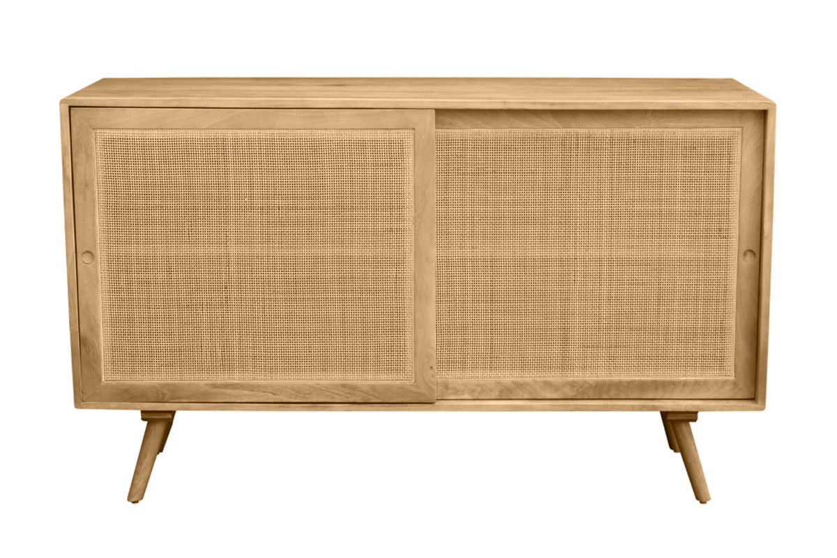 Aparador de madera maciza de mango y ratán con 2 puertas correderas 135 cm ACANGE