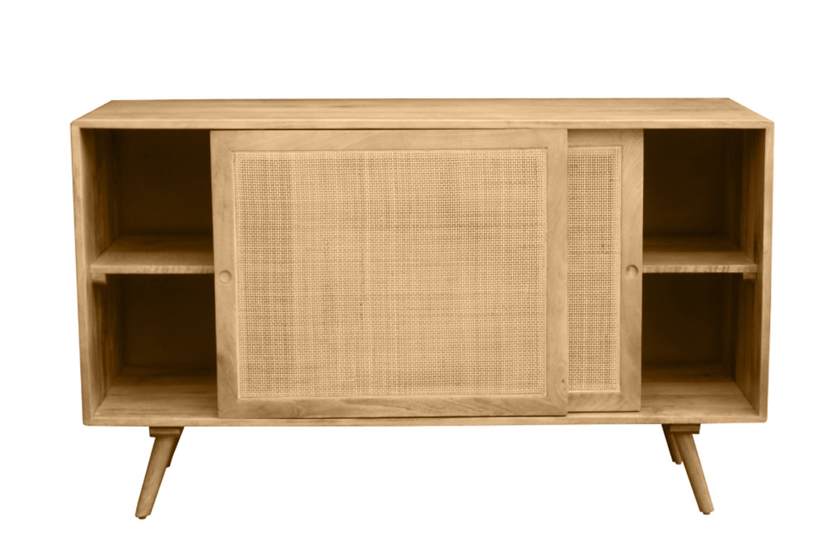 Aparador de madera maciza de mango y ratán con 2 puertas correderas 135 cm ACANGE