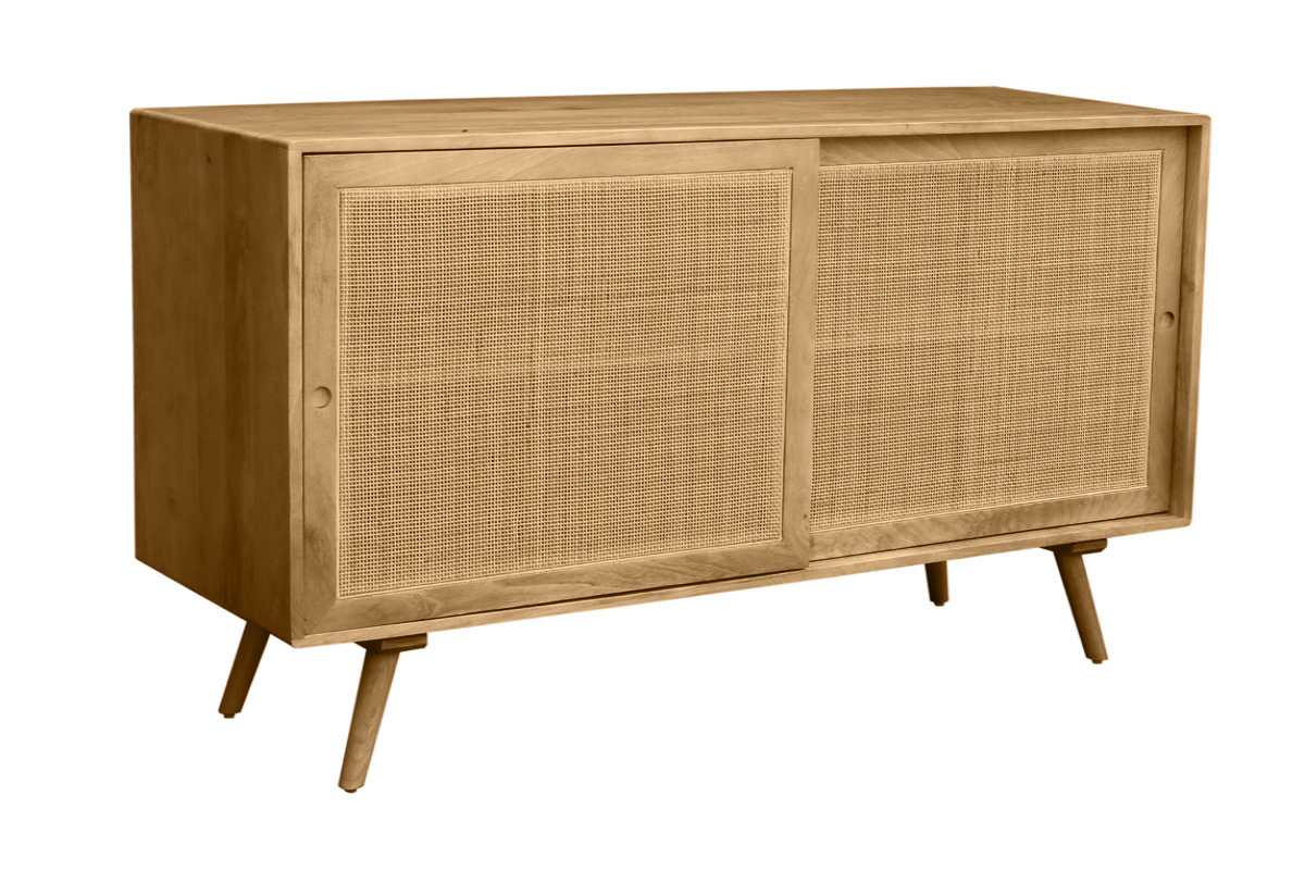 Aparador de madera maciza de mango y ratán con 2 puertas correderas 135 cm ACANGE