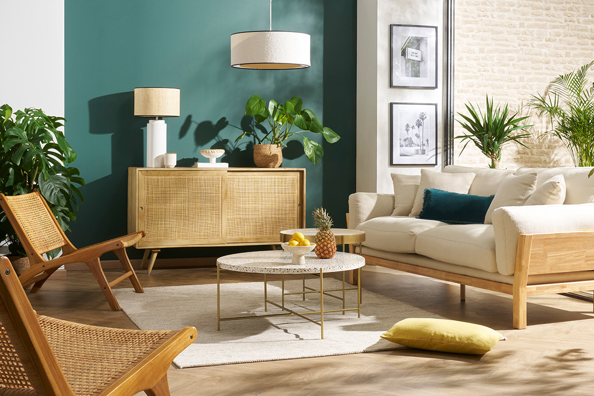 Aparador de madera maciza de mango y ratán con 2 puertas correderas 135 cm ACANGE