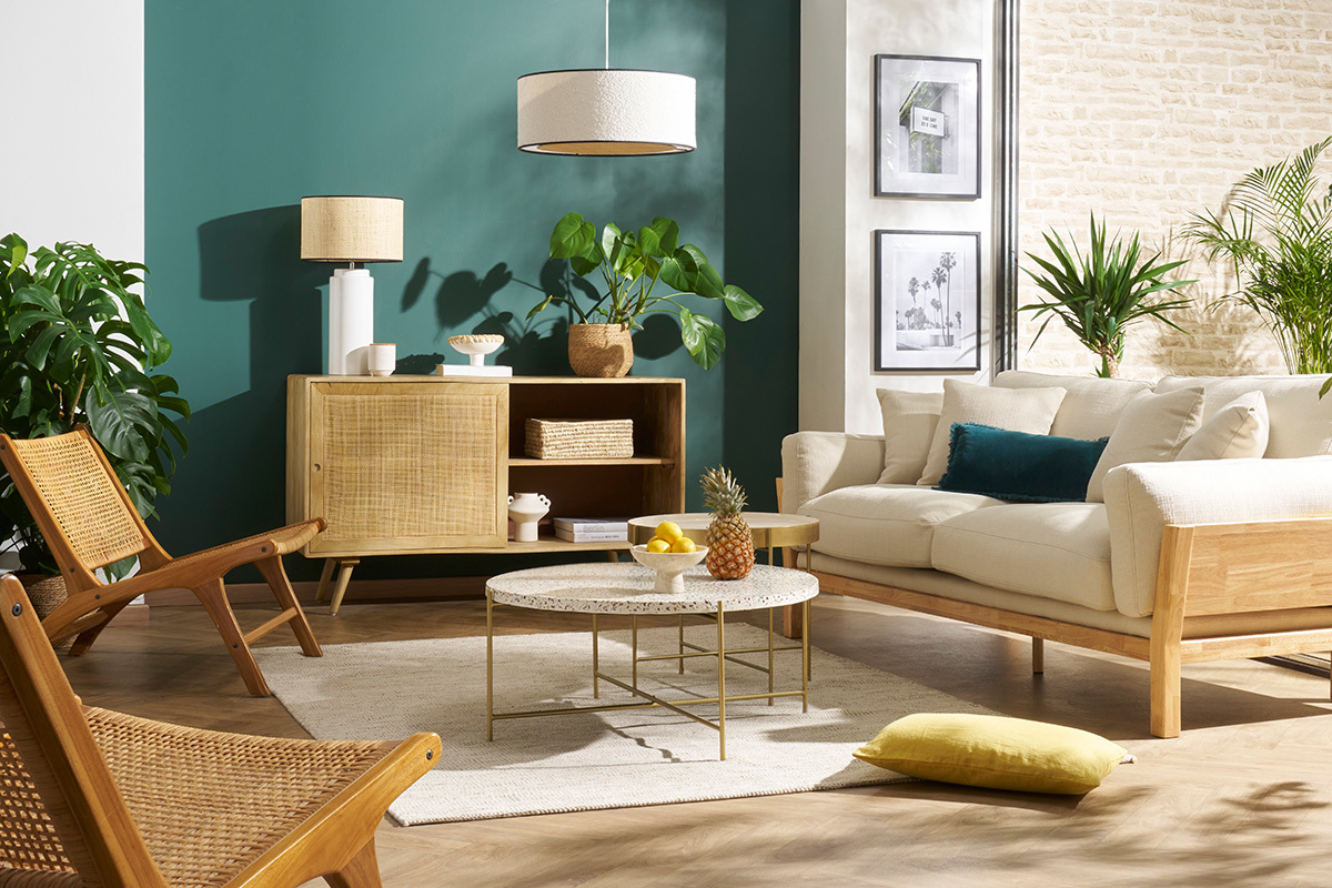 Aparador de madera maciza de mango y ratán con 2 puertas correderas 135 cm ACANGE