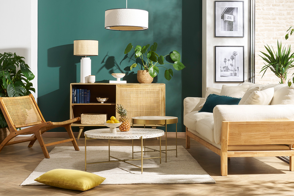 Aparador de madera maciza de mango y ratán con 2 puertas correderas 135 cm ACANGE