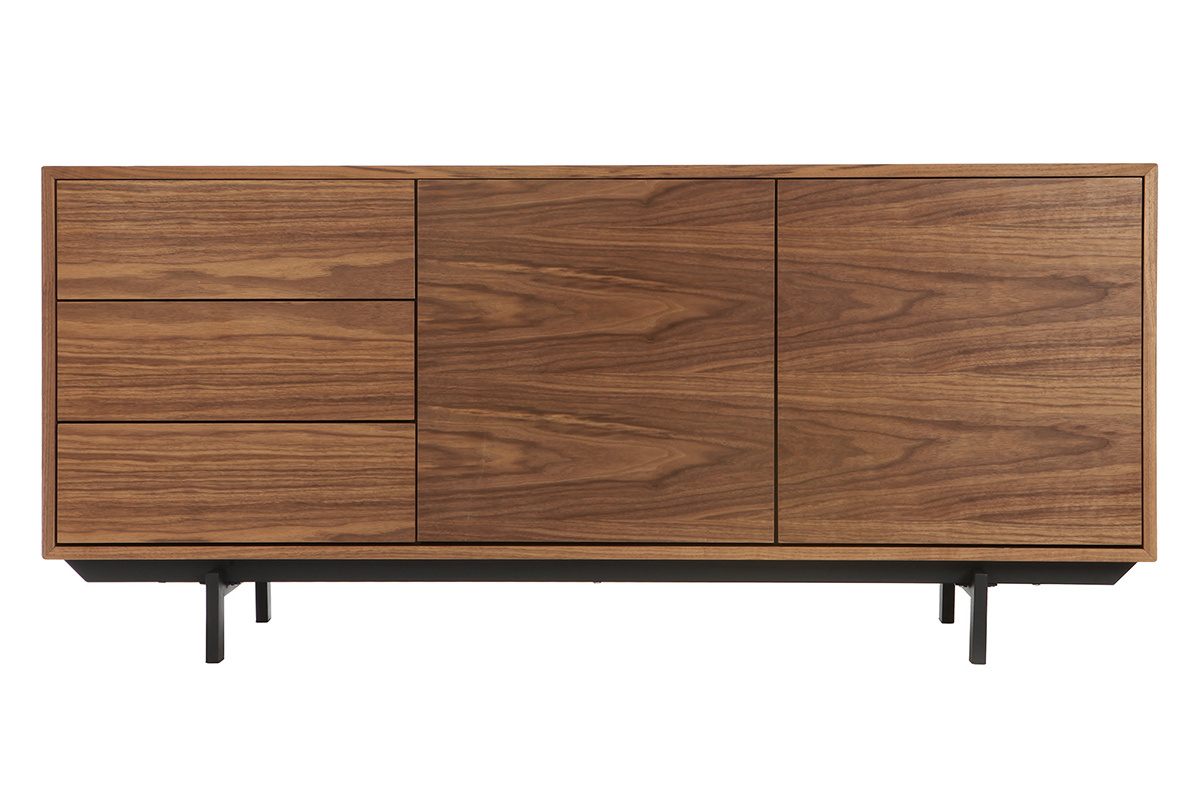 Buffet vintage de madera oscura con 2 puertas y 3 cajones sobre patas met�licas, vista frontal.