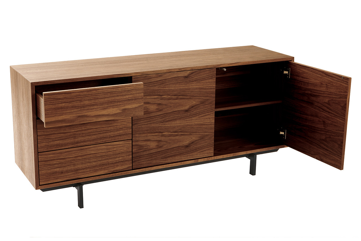 Buffet vintage de madera oscura con puerta abierta y caj�n extra�do, vista de 3/4.