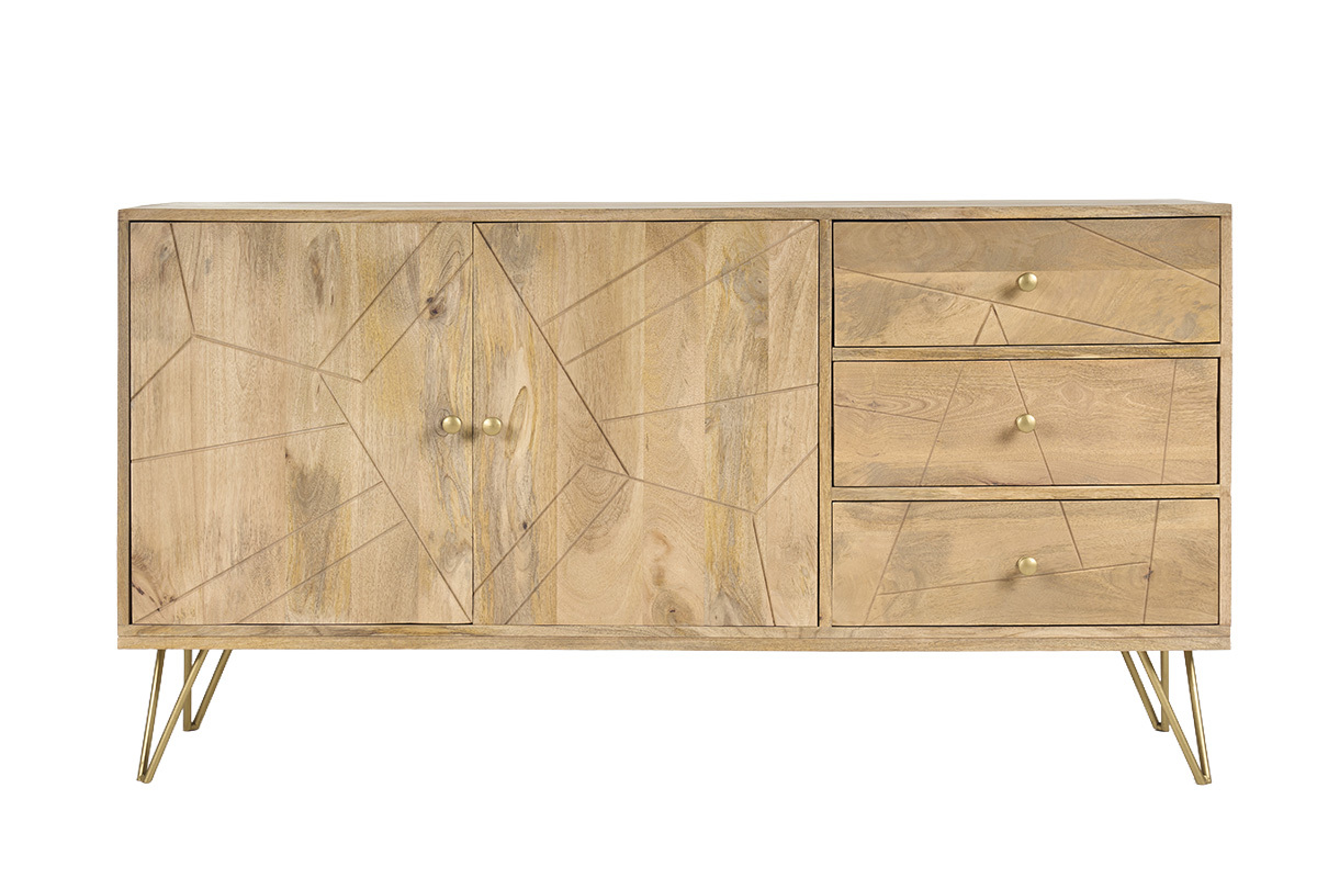Buffet en madera de mango con 2 puertas, 3 cajones y patas de metal dorado, vista frontal.