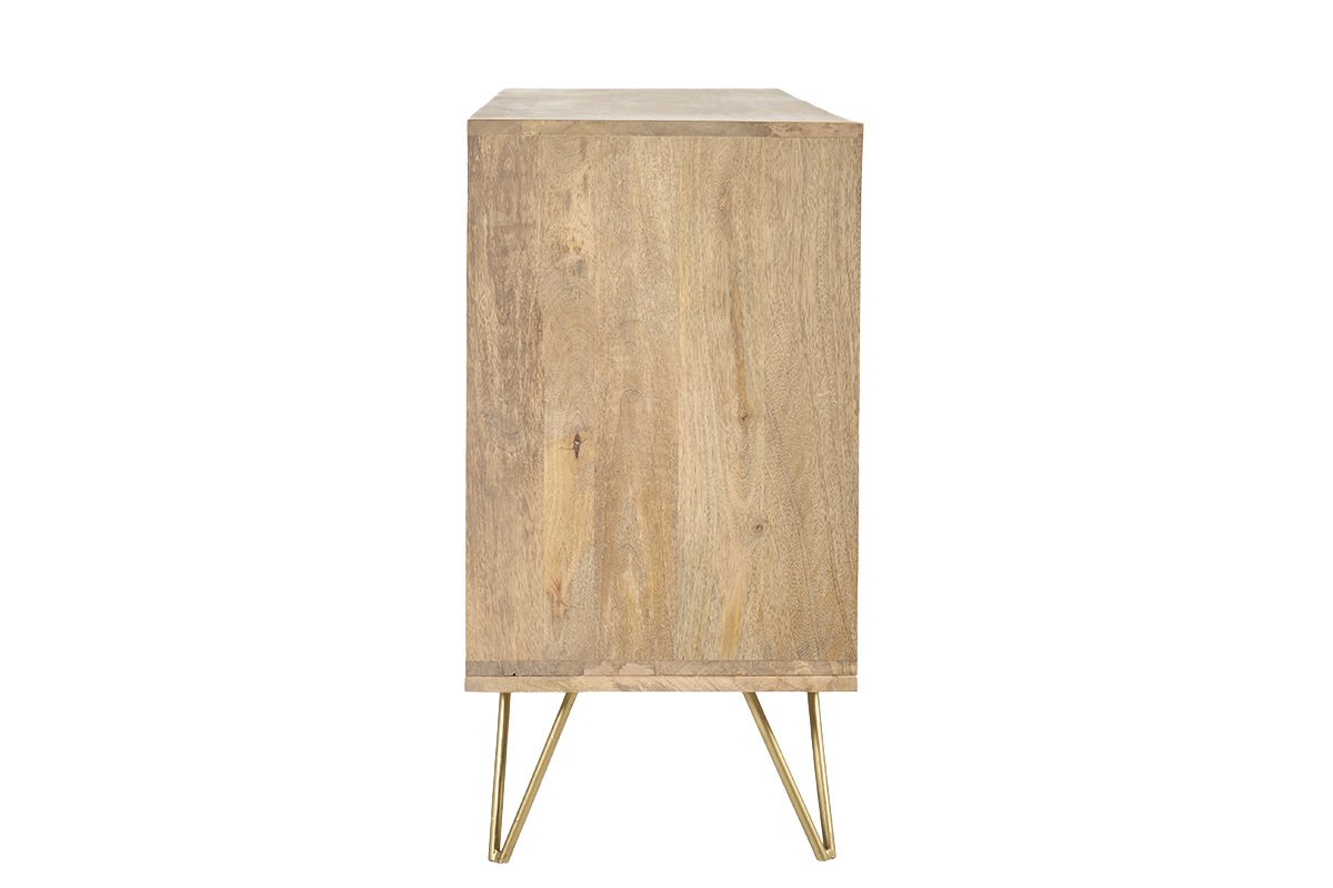 Buff� de madera de mango maciza visto de perfil, patas de metal dorado.