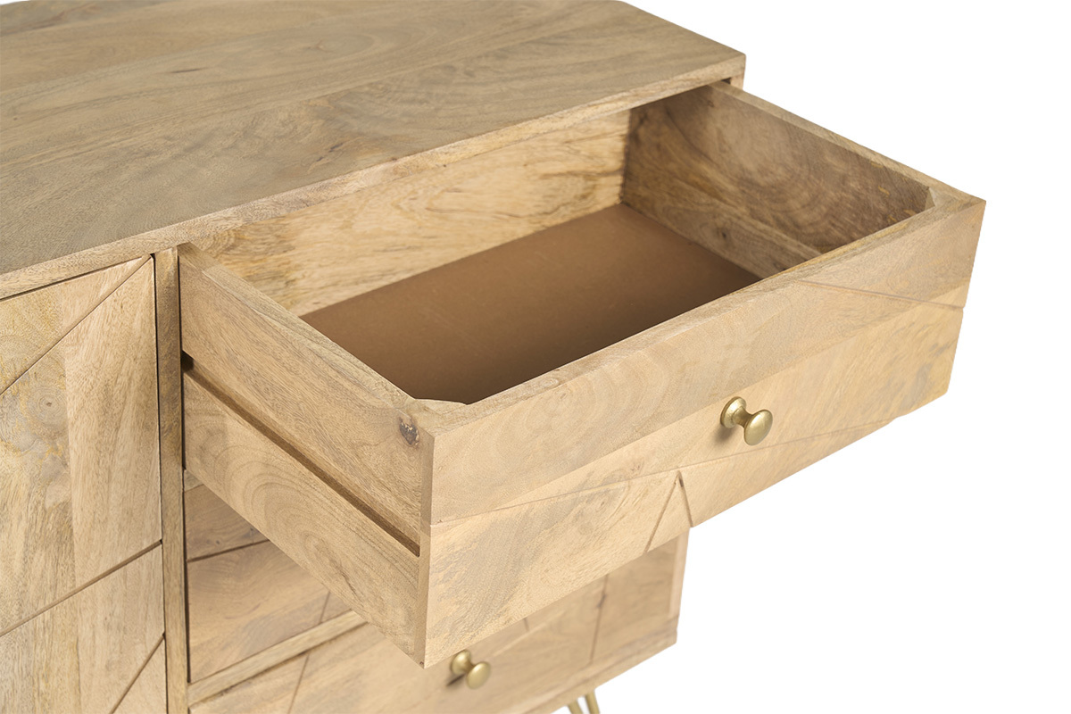 Buffet en madera maciza de mango con caj�n abierto, vista superior.