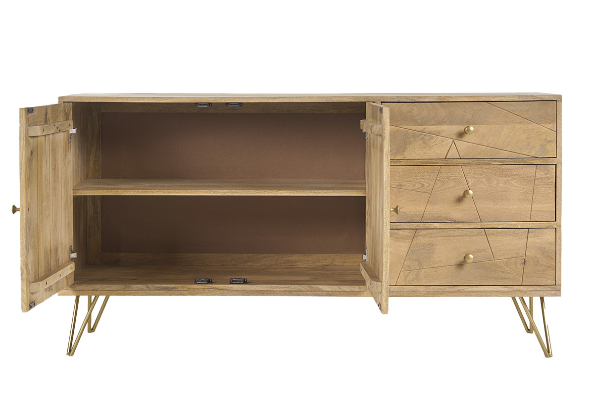 Buffet de madera de mango con 2 puertas abiertas y 3 cajones, patas de metal dorado, vista frontal.