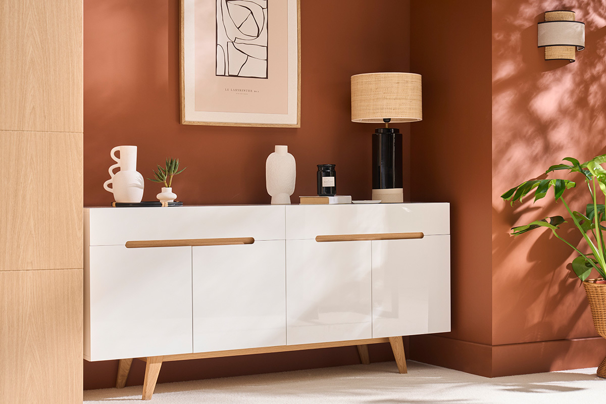 Aparador escandinavo blanco brillante y fresno 180cm MELKA