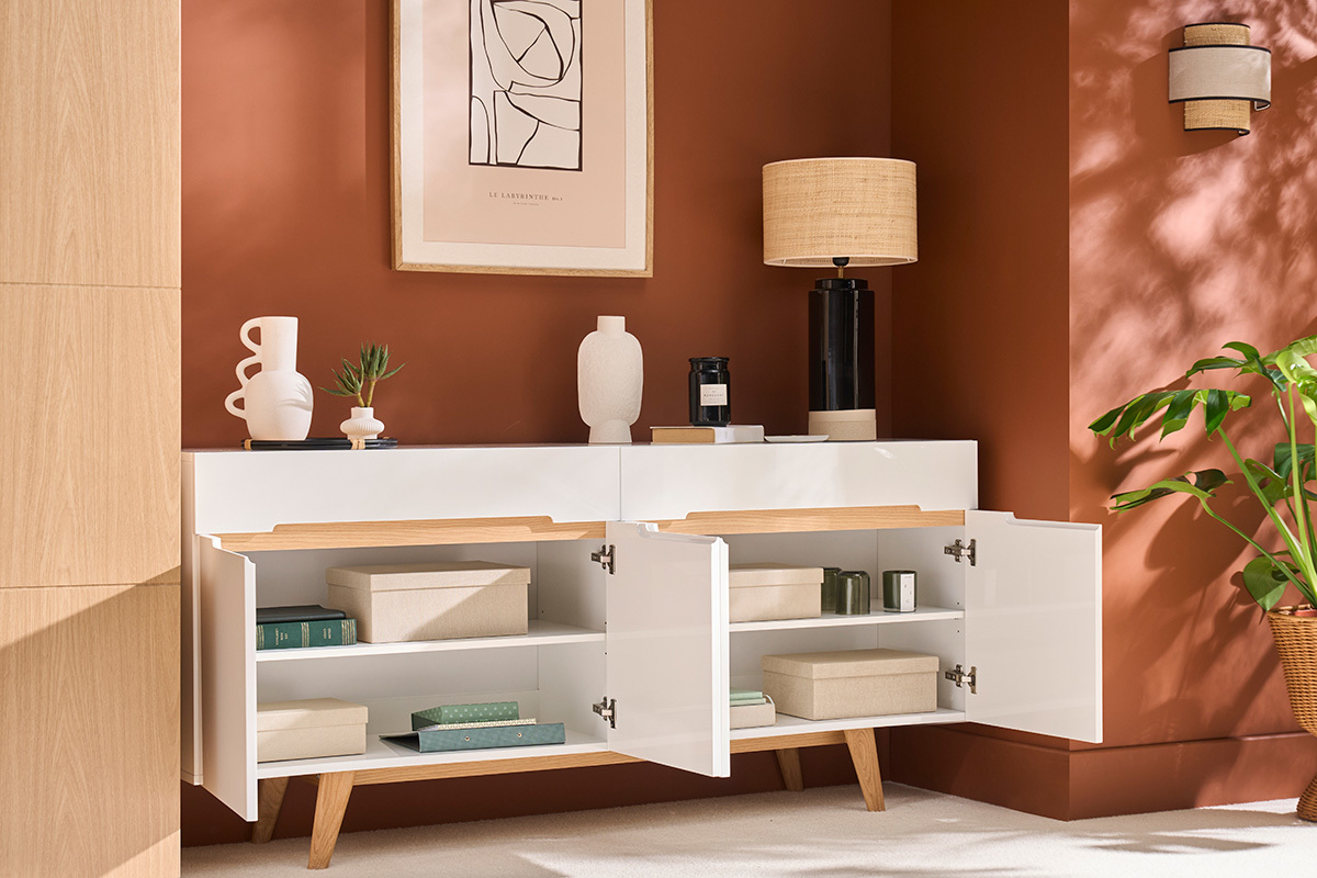 Aparador escandinavo blanco brillante y fresno 180cm MELKA