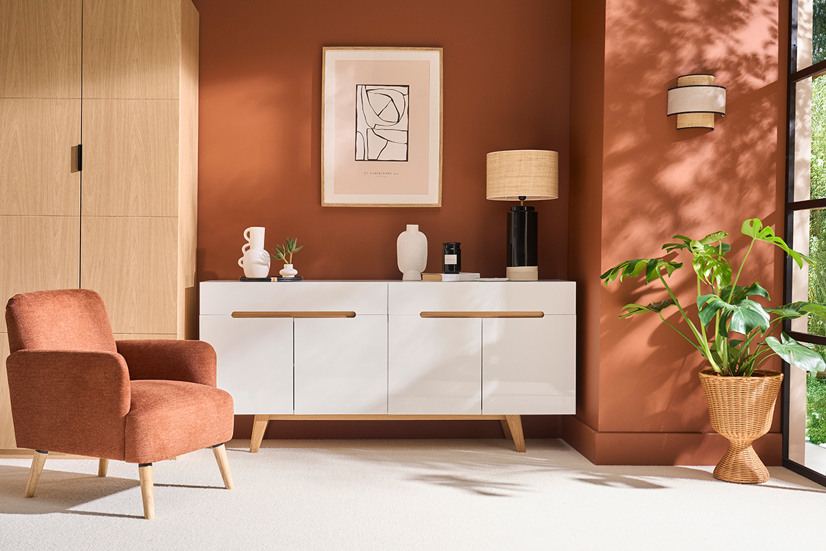 Aparador escandinavo blanco brillante y fresno 180cm MELKA