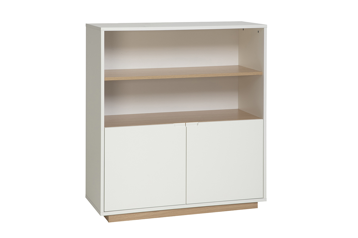 Aparador escandinavo blanco con acabado de madera clara, 2 puertas, vista en 3/4.