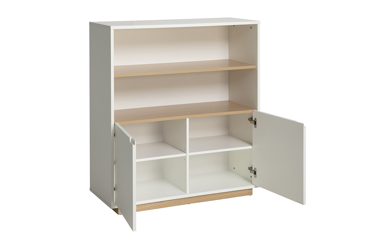 Aparador escandinavo blanco con acabado de madera clara, dos puertas abiertas, vista de 3/4