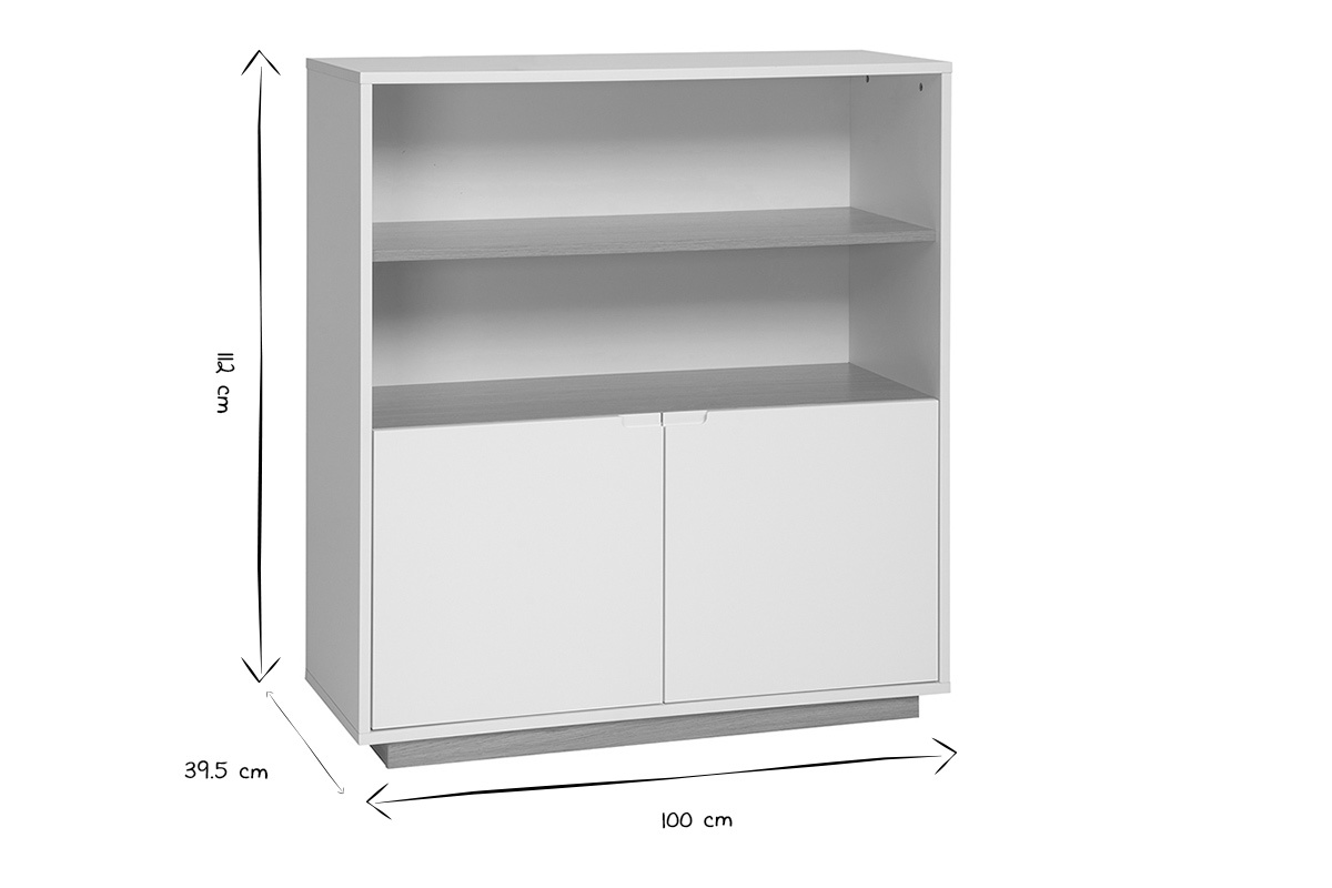Dimensiones del aparador escandinavo: L100 cm, P39,5 cm, H112 cm en negro y blanco.
