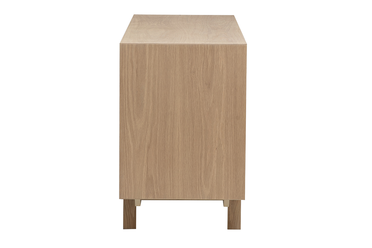 Aparador escandinavo de madera clara, vista de perfil, con patas de madera maciza.