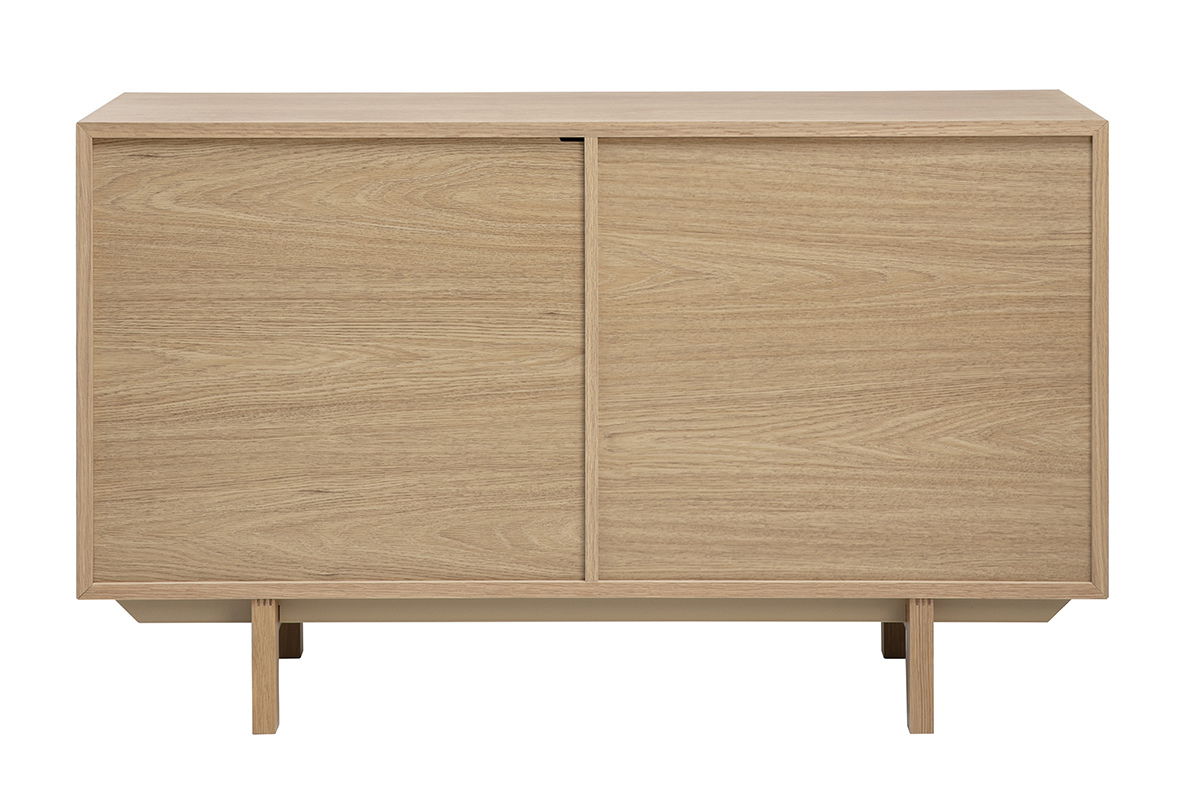 Aparador escandinavo de madera clara, 2 puertas, vista trasera, dimensiones L120 cm.