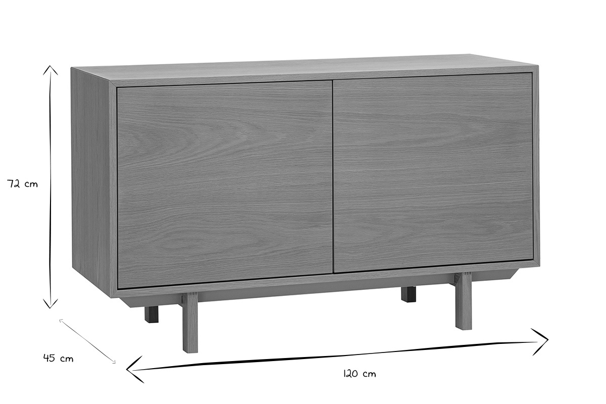 Dimensiones del aparador escandinavo de madera clara L120 cm, H72 cm, P45 cm en blanco y negro.