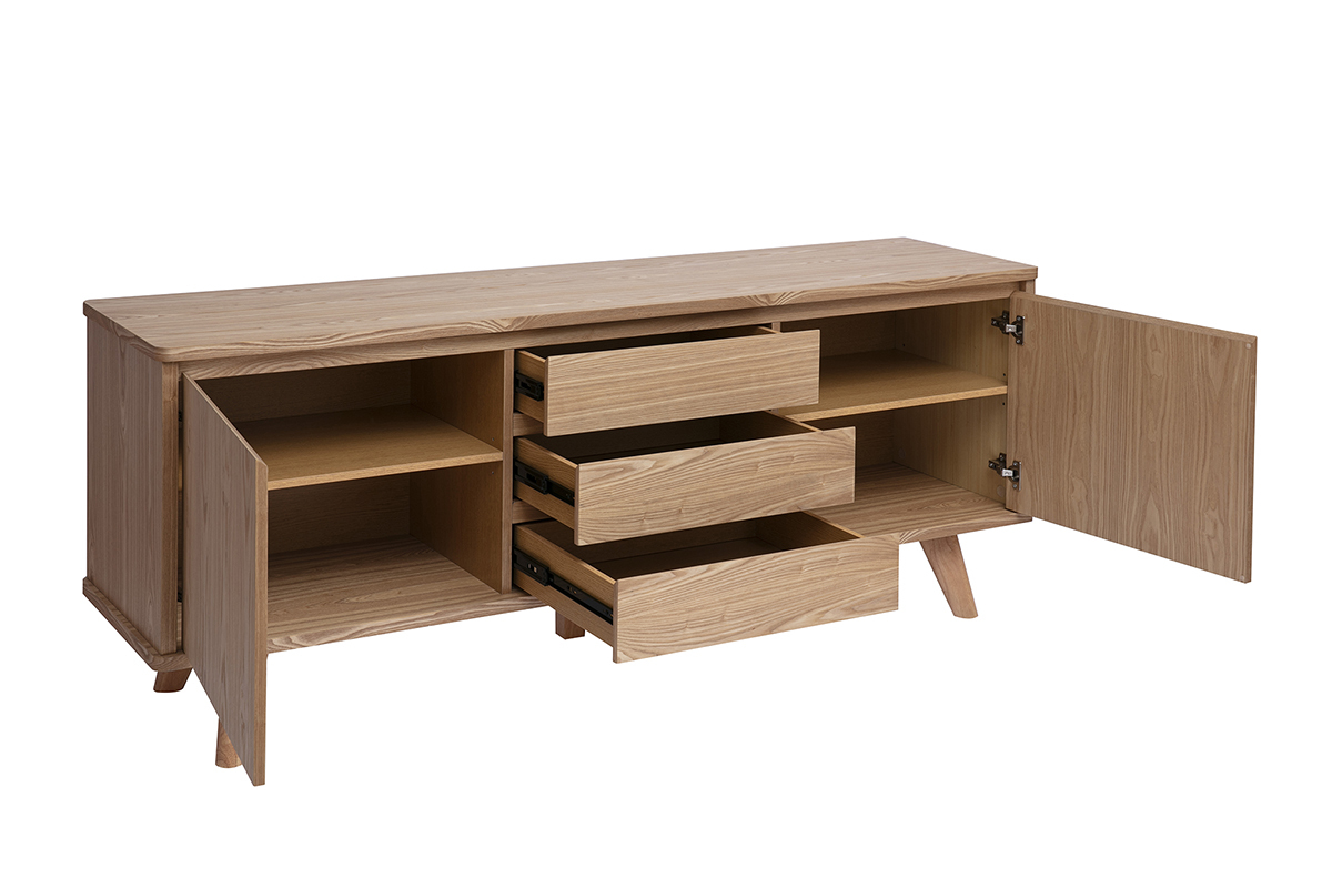 Buf� escandinavo de madera clara de fresno con 2 puertas y 3 cajones, vista en 3/4.