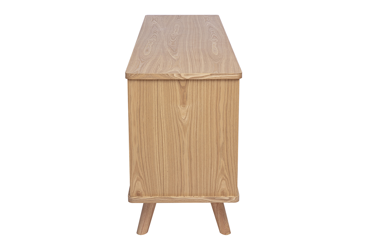 Buffet escandinavo de madera clara de fresno, vista de perfil, 2 puertas y 3 cajones.