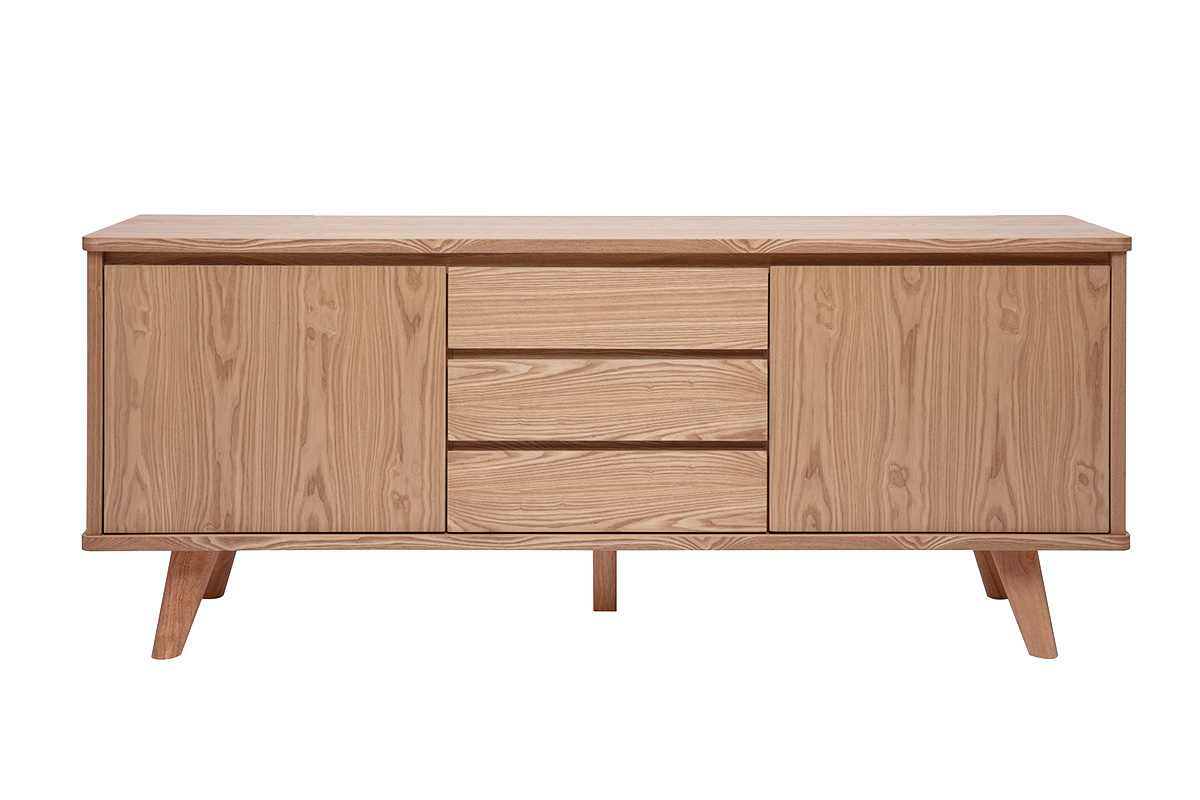 Buffet escandinavo de madera clara de fresno, 2 puertas y 3 cajones, vista frontal.