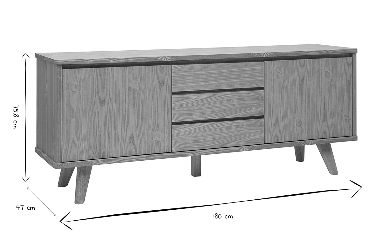 Dimensiones del aparador escandinavo de madera clara FIFTIES: L180 cm, P47 cm, H75,8 cm en negro y blanco.