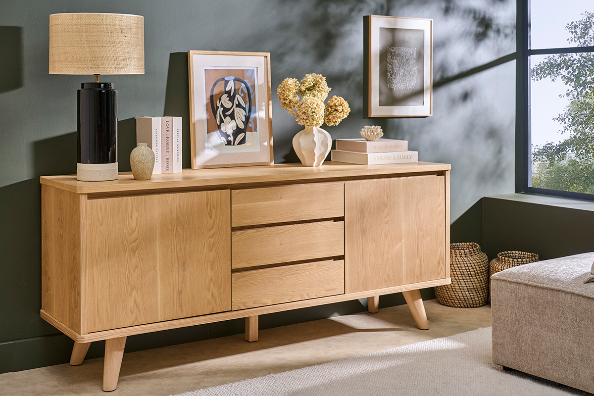 Aparador escandinavo de madera clara fresno 2 puertas 3 cajones L180 cm FIFTIES