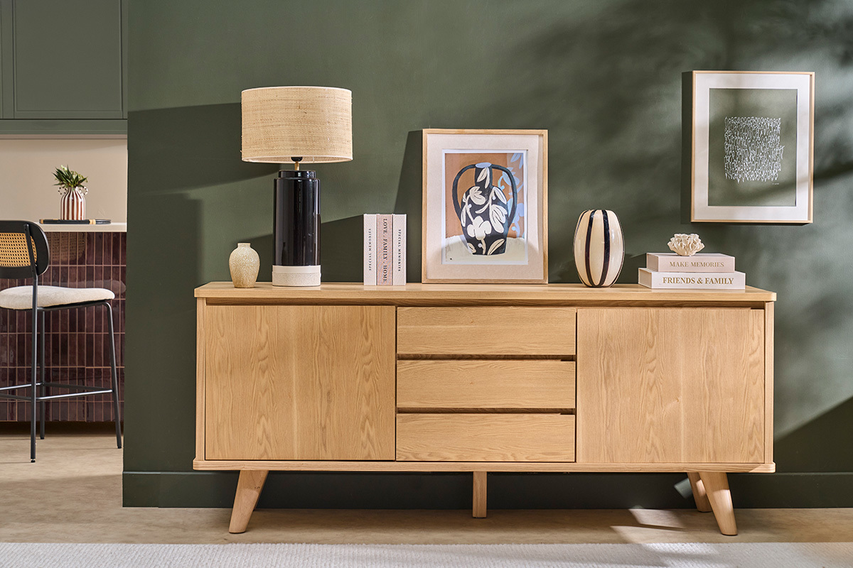 Aparador escandinavo de madera clara fresno 2 puertas 3 cajones L180 cm FIFTIES