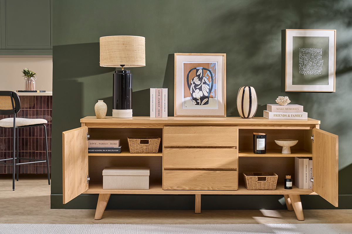 Aparador escandinavo de madera clara fresno 2 puertas 3 cajones L180 cm FIFTIES