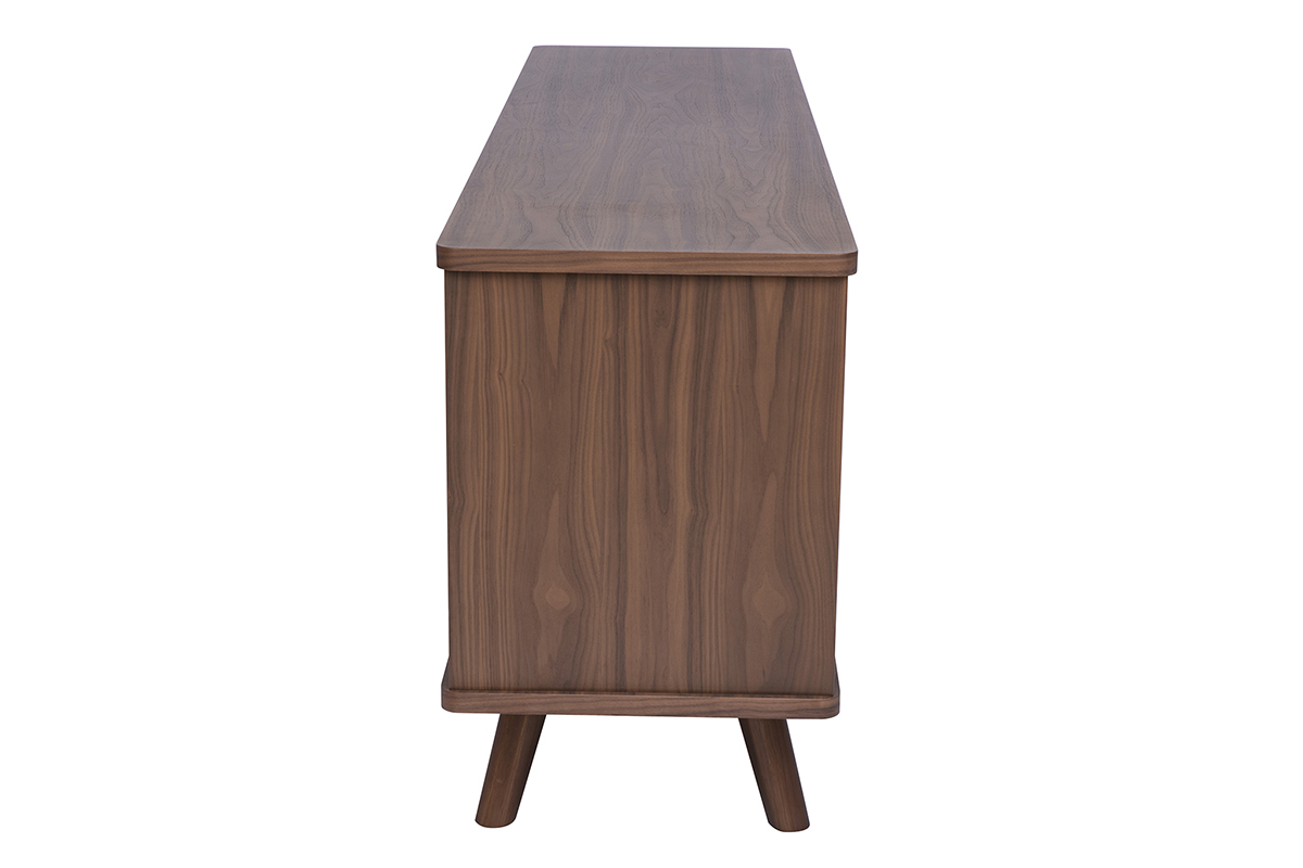 Aparador escandinavo de madera de nogal oscuro, vista de perfil, 2 puertas y 3 cajones, L180 cm.