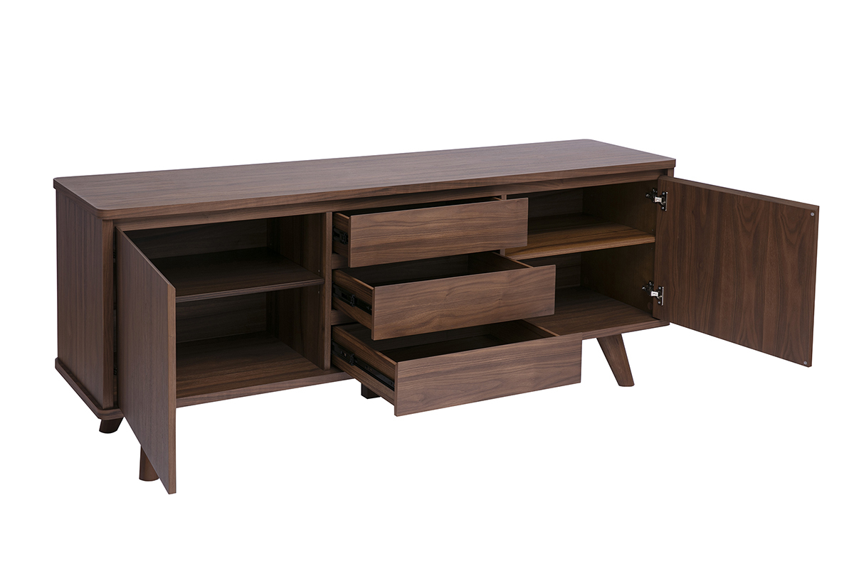 Buffet escandinavo de madera de nogal oscuro con 2 puertas y 3 cajones, vista de 3/4, interior visible.