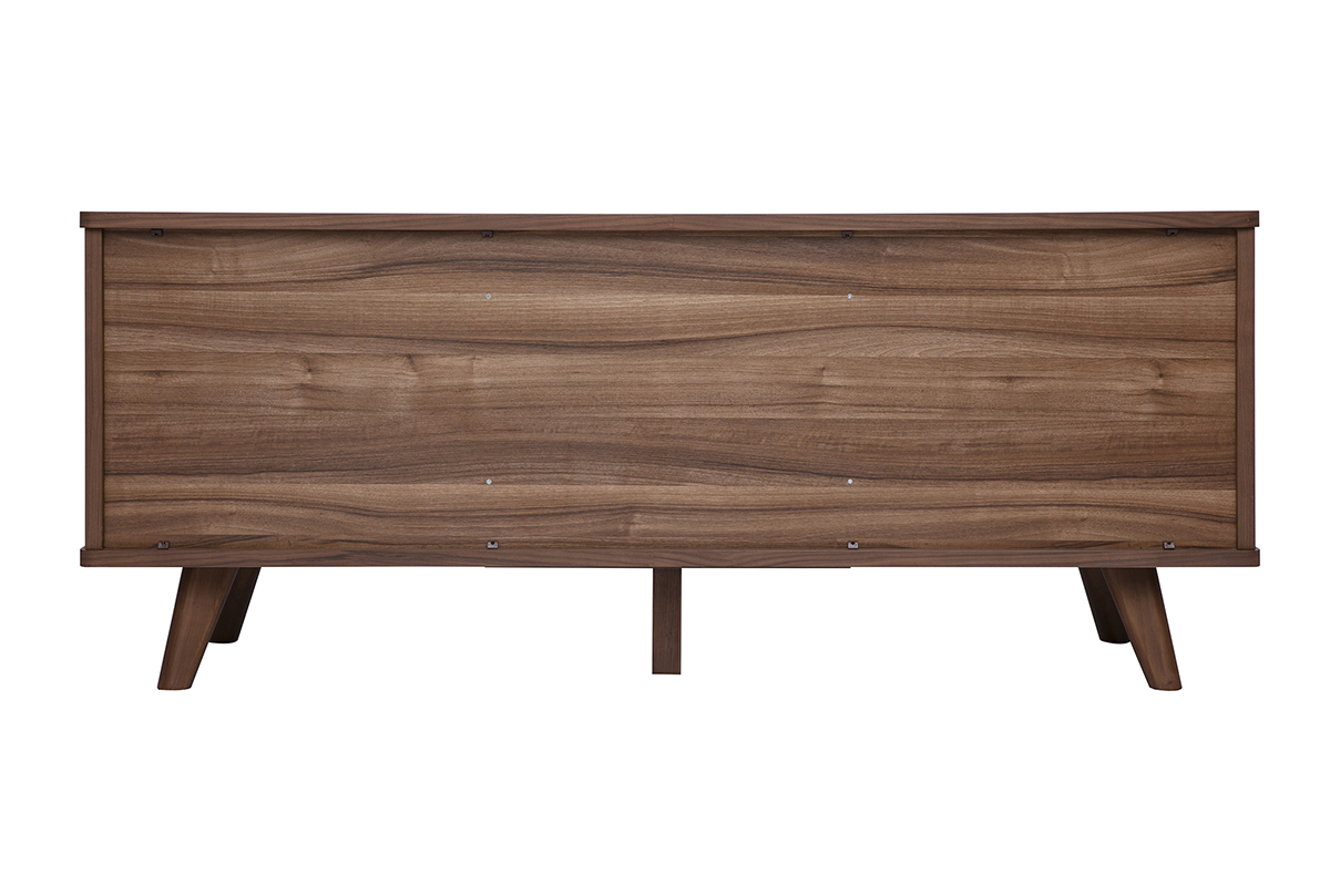Aparador escandinavo de madera de nogal oscuro, 2 puertas, 3 cajones, vista trasera