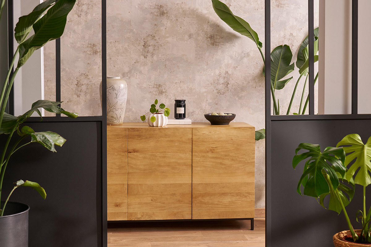 Aparador industrial 3 puertas en mango macizo y metal YPSTER