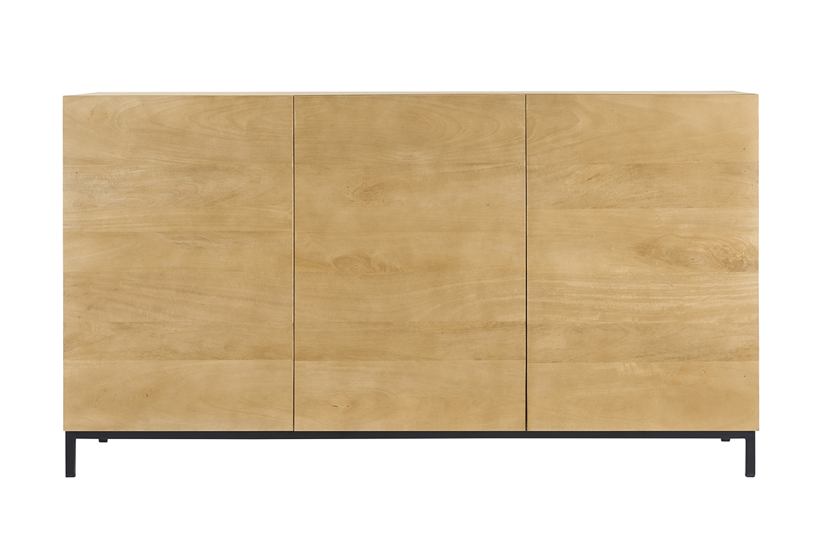 Buffet industrial de madera de mango y metal negro, vista frontal.