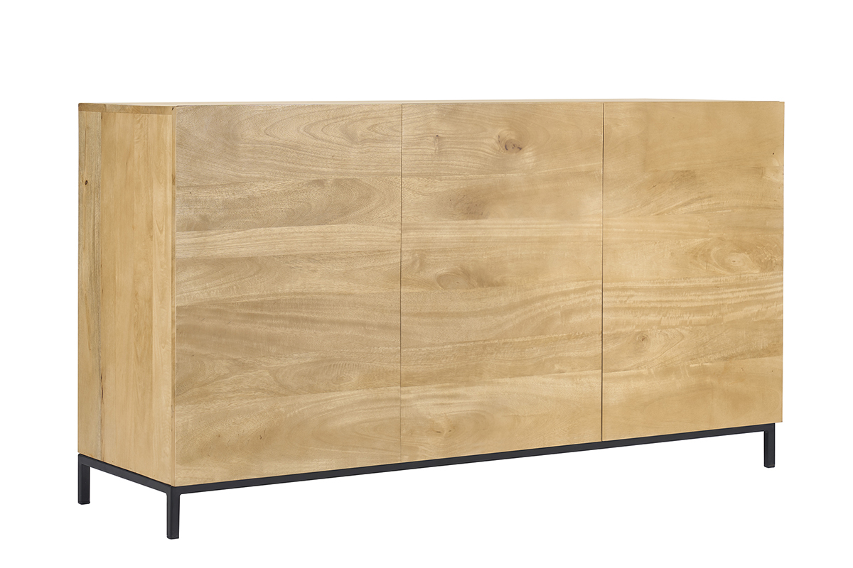 Buffet industrial de 3 puertas en madera de mango maciza, vista de 3/4.