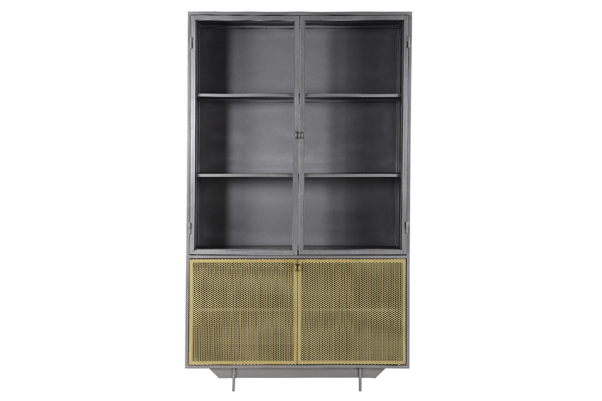 Aparador industrial alto acristalado metal gris y oro MAGIC