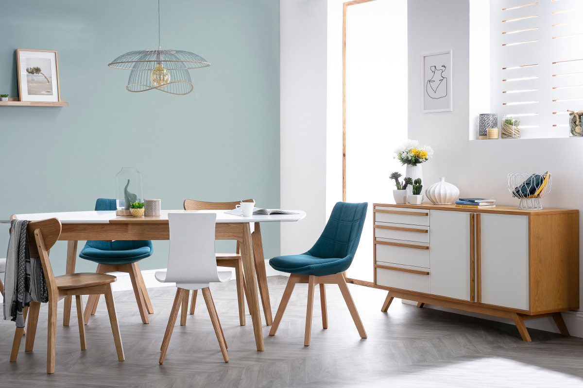 Aparador madera natural y blanca 2 puertas 4 cajones HELIA