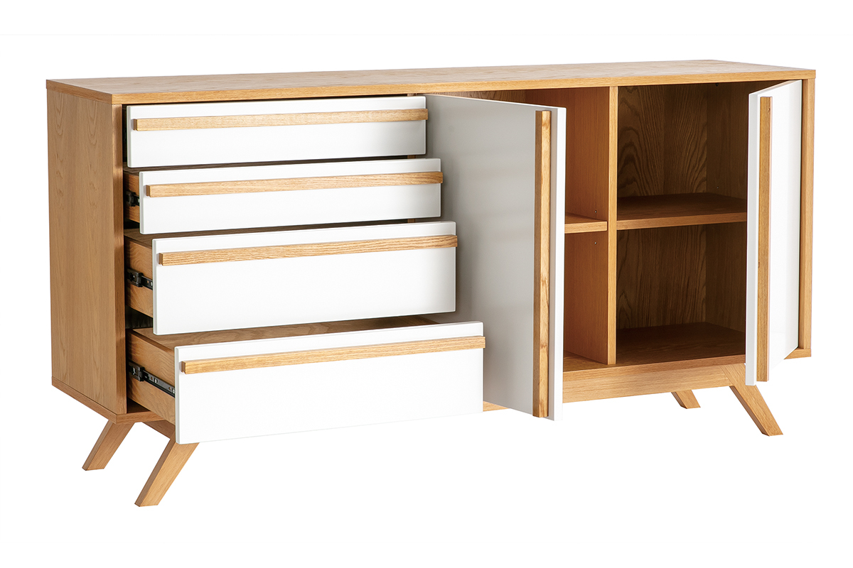 Aparador madera natural y blanca 2 puertas 4 cajones HELIA