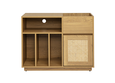 Aparador para almacenamiento de vinilos acabado madera clara roble y rejilla de rat&aacute;n L95 cm ALICANTE