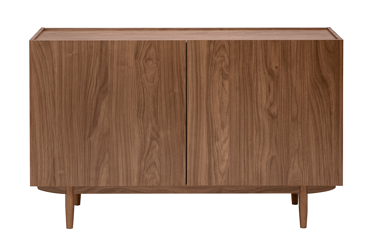 Aparador vintage de madera de nogal oscuro con 2 puertas y patas c�nicas, vista frontal