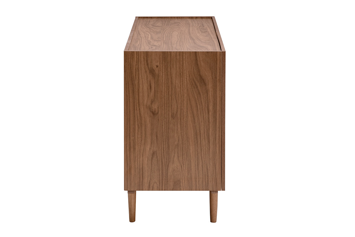 Aparador vintage de madera de nogal oscuro, vista de perfil, con patas cil�ndricas de caucho.