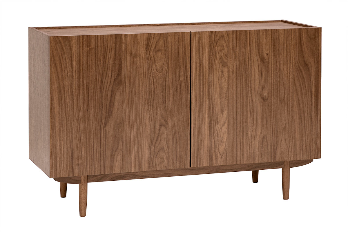Aparador vintage de madera oscura de nogal, 2 puertas, vista de 3/4, patas cil�ndricas de caucho.