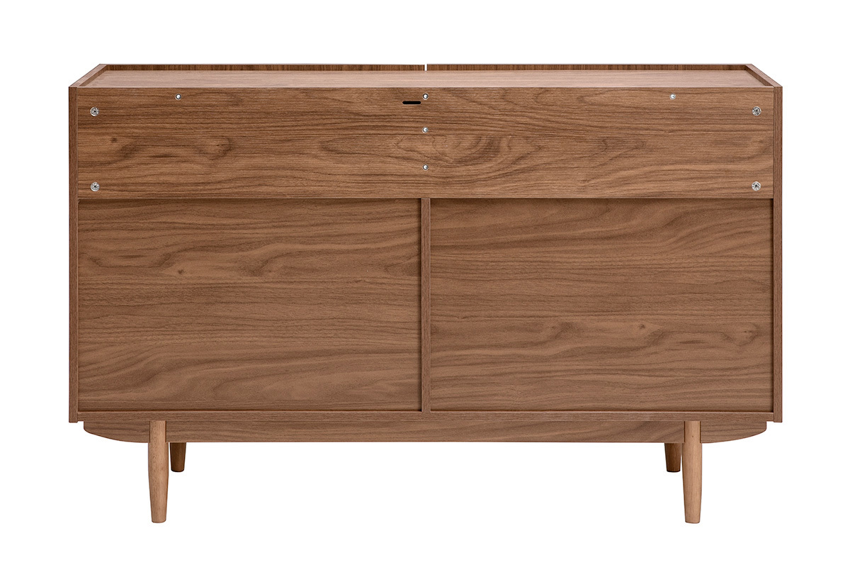 Aparador vintage de madera de nogal oscuro, 2 puertas, vista trasera, patas cil�ndricas c�nicas.