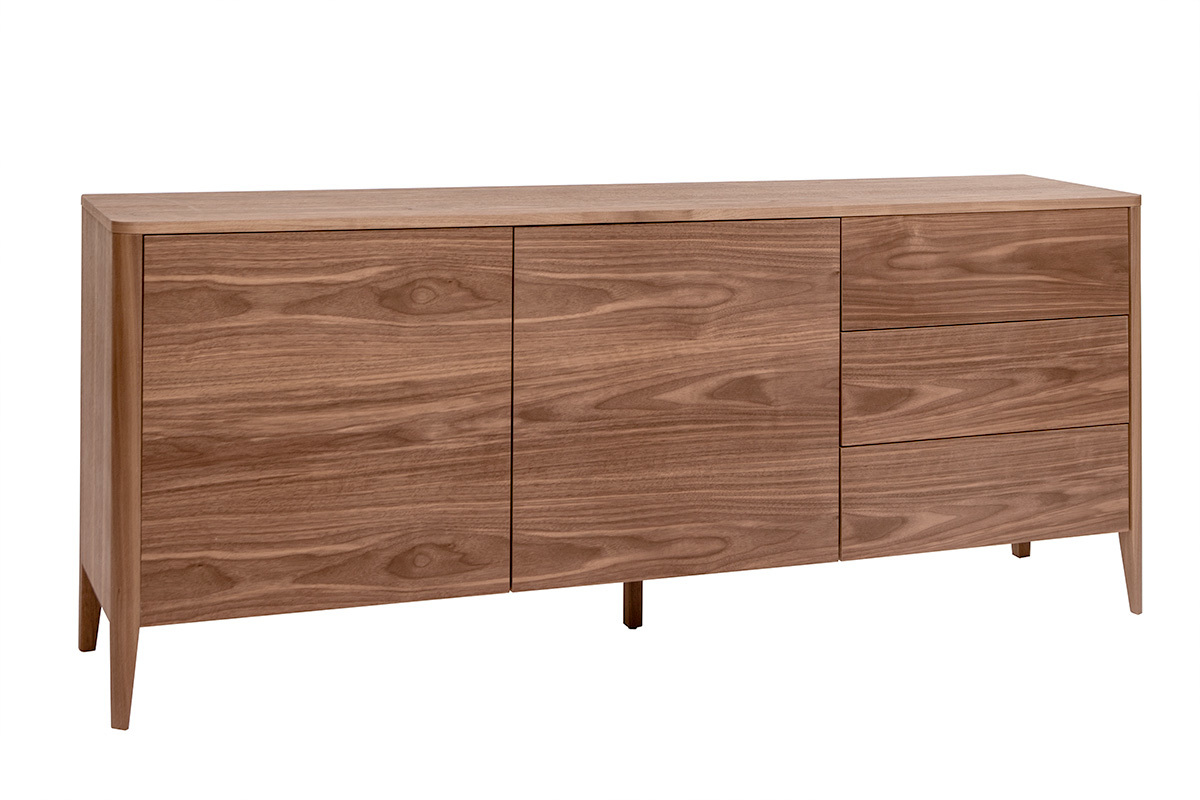 Buffet en madera oscura de nogal con 2 puertas y 3 cajones, vista de 3/4.