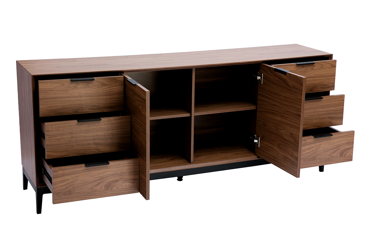 Aparador vintage con acabado de madera de nogal oscuro y metal negro con almacenaje 180 cm SARTO