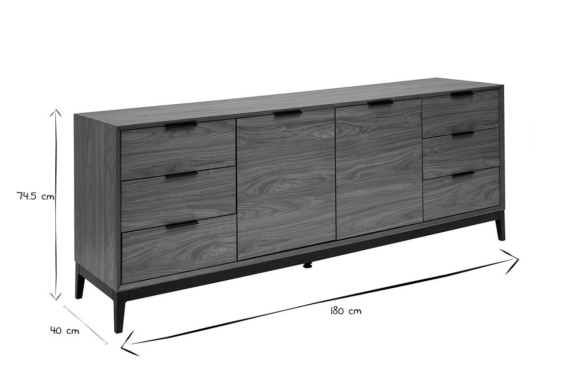 Aparador vintage con acabado de madera de nogal oscuro y metal negro con almacenaje 180 cm SARTO